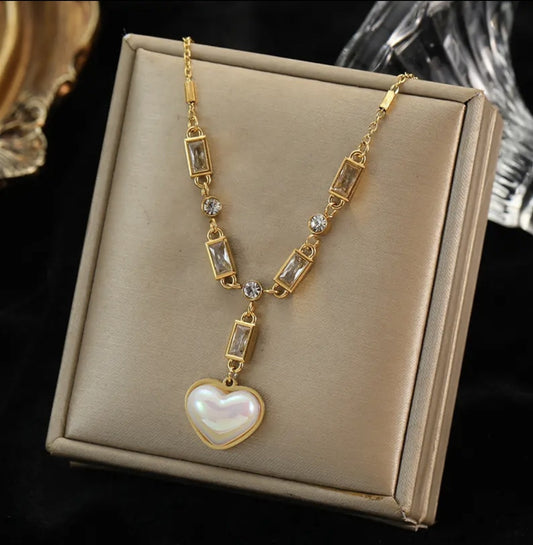 Stainless Steel Necklace Heart with White Stone, Gold